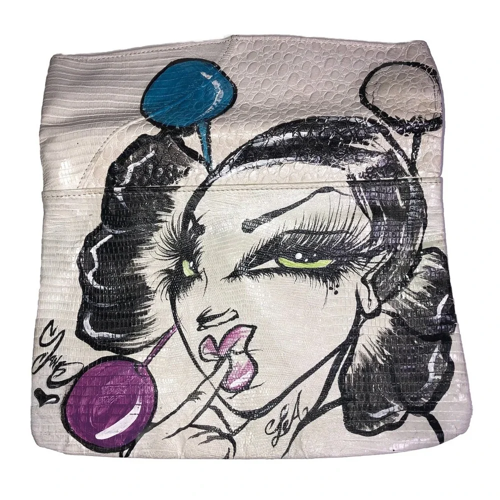 Vtg 80s 90s Hand Painted Foldover Clutch Purse Pop Art Woman Face Graphic Bag LA
